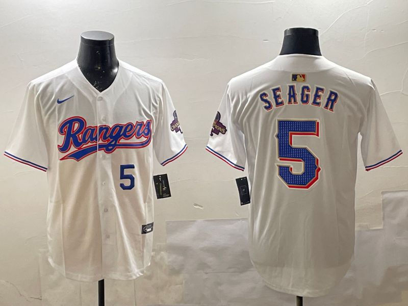 Men Texas Rangers 5 Seager White Gold Game 2025 Nike MLB Jersey style 3